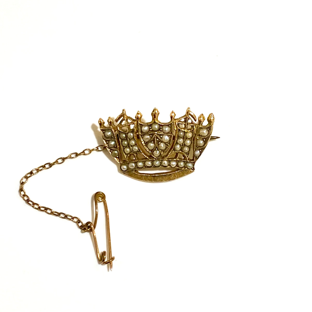 Antique 9ct Yellow Gold Seed Pearl Crown Brooch