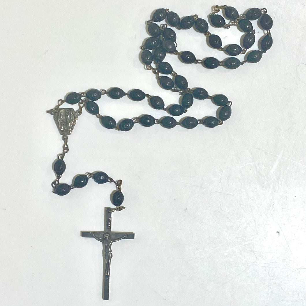 Vintage Sterling Silver Carved Wood Rosary