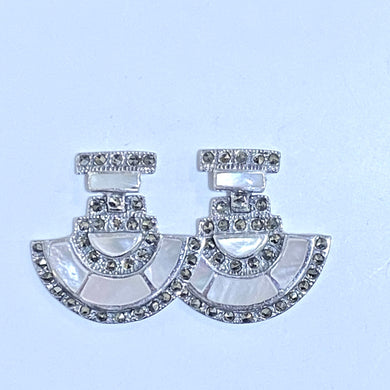 Sterling Silver Marcasite and Mother of Pearl Stud Earrings