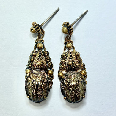 Antique Brass Scarab Stud Drop Earrings