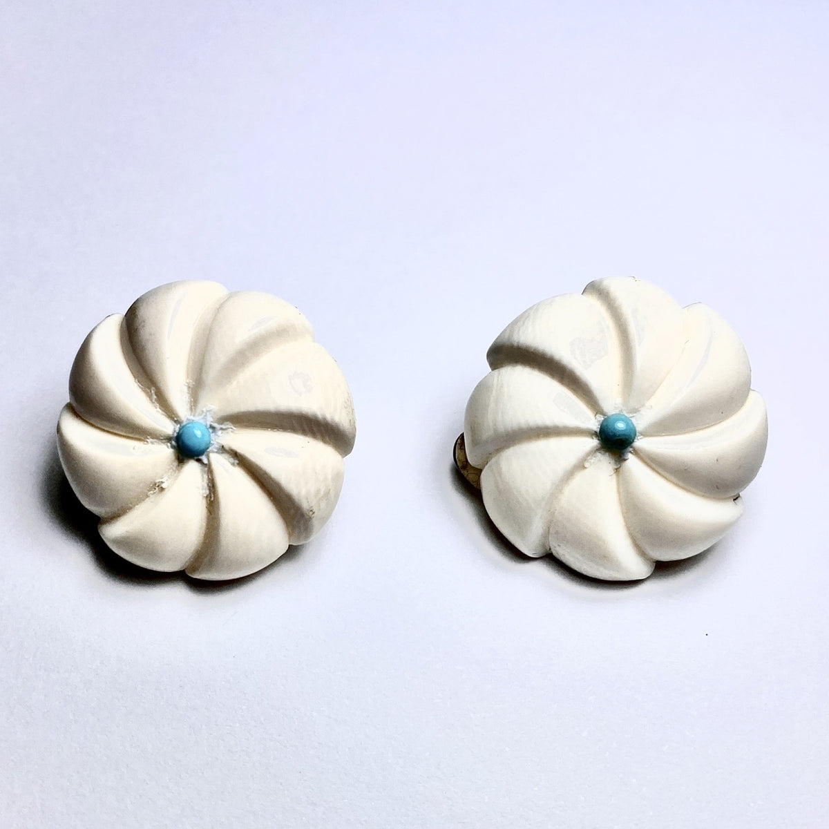 Antique Carved Mesclun and Turquoise Clip On Earrings