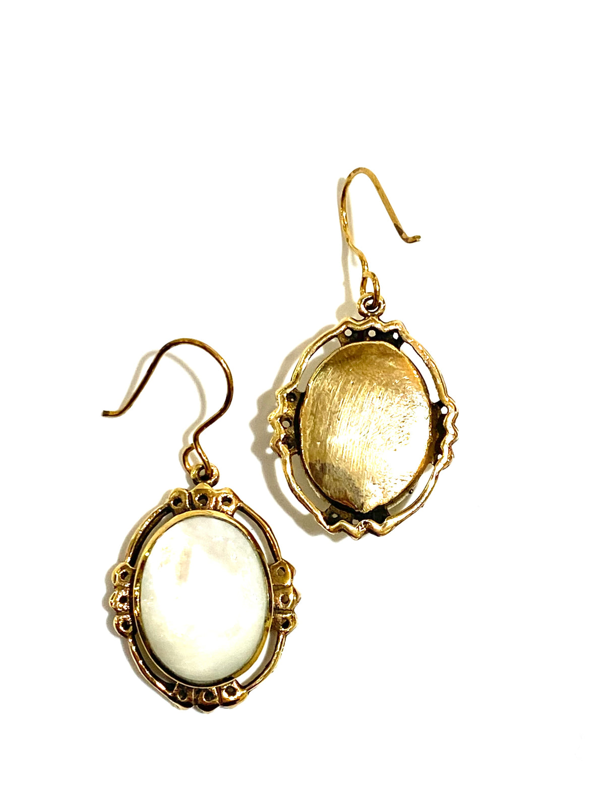 Brass Mother of Pearl Oval Cabochon Hook Drop Earrings