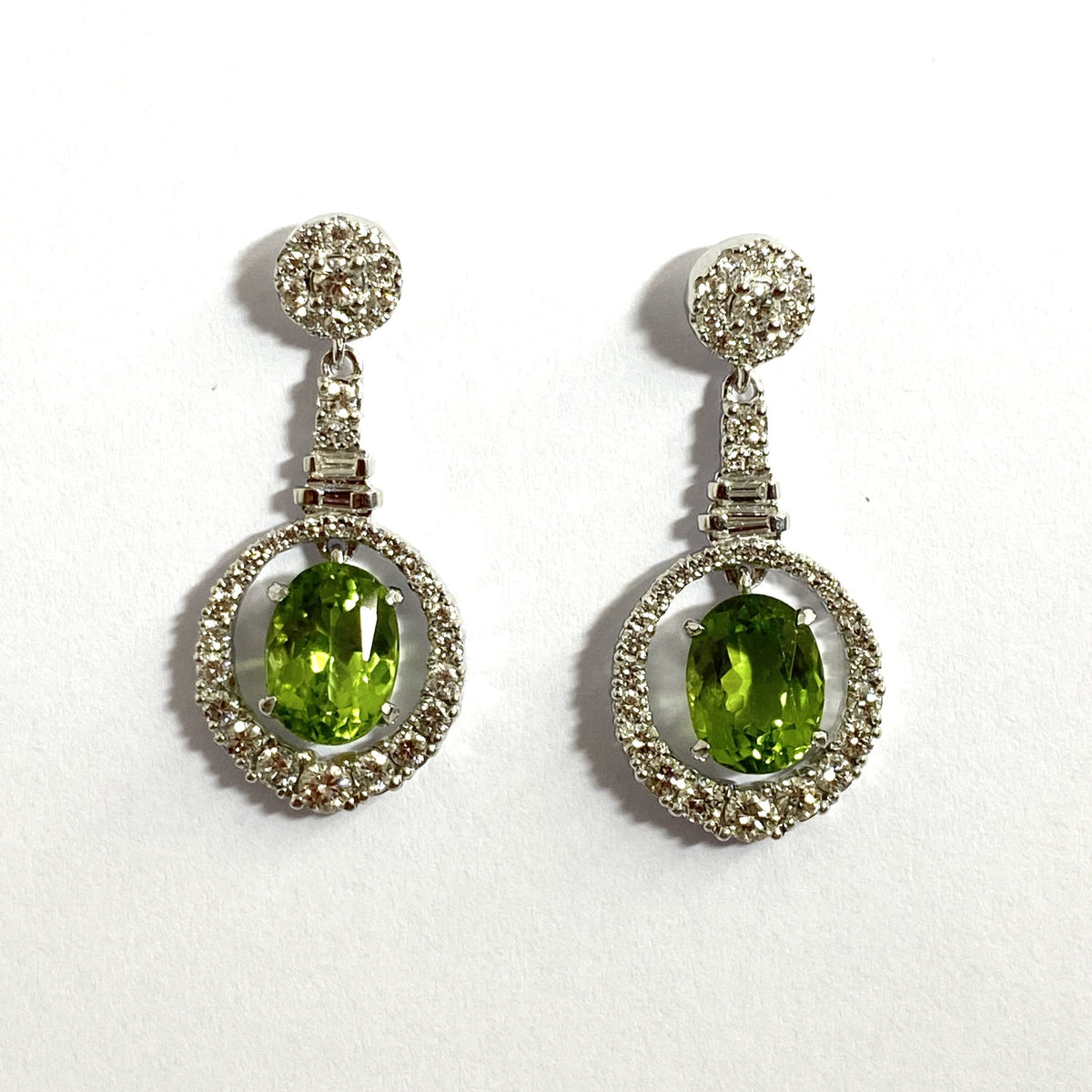 9ct White Gold Peridot and Diamond Stud Drop Earrings