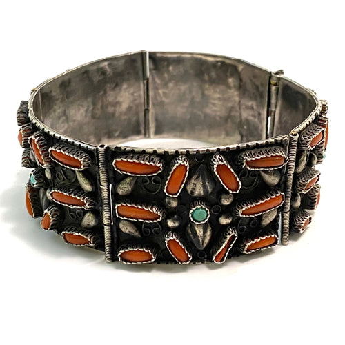 Zuni Sterling Silver Coral Hinged Bracelet