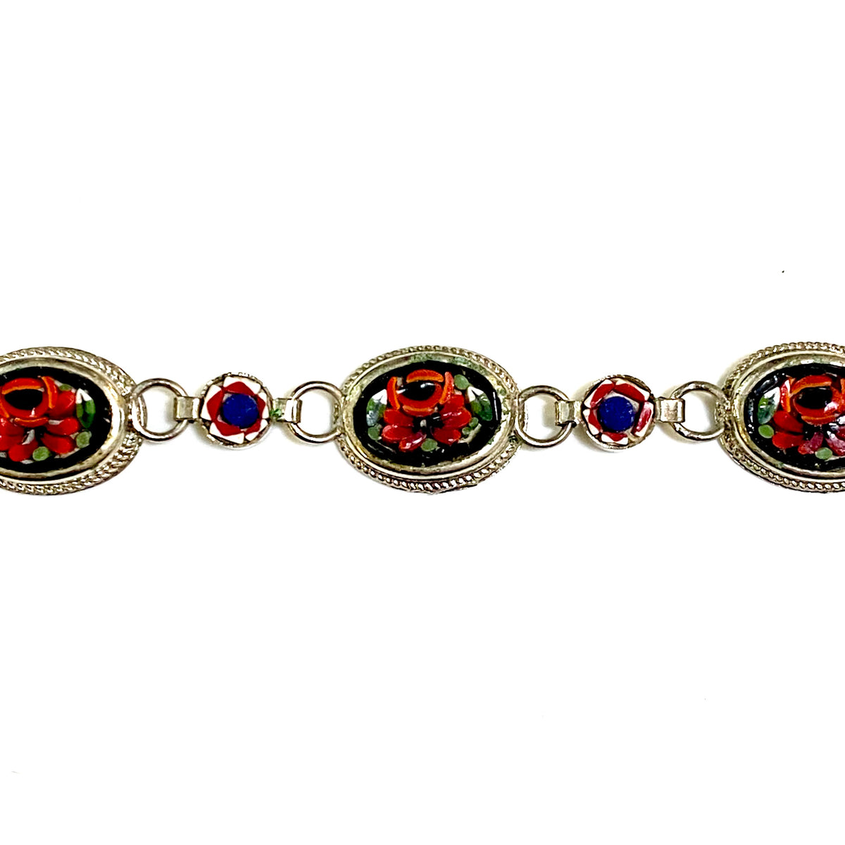 Sterling Silver Italian Red Floral Micro Mosaic Bracelet