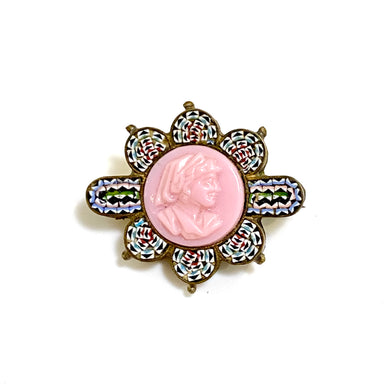 Antique Micro Mosaic and Pink Marbled Glass Cameo Brooch