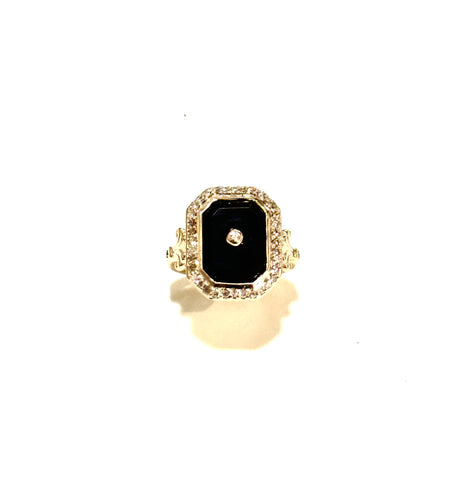 9ct Yellow Gold Black Onyx and Diamond Ring