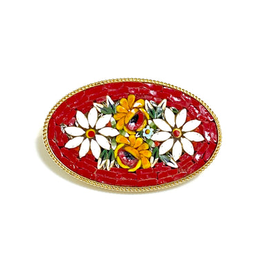 Gold Plated Red Floral Micro Mosaic Brooch