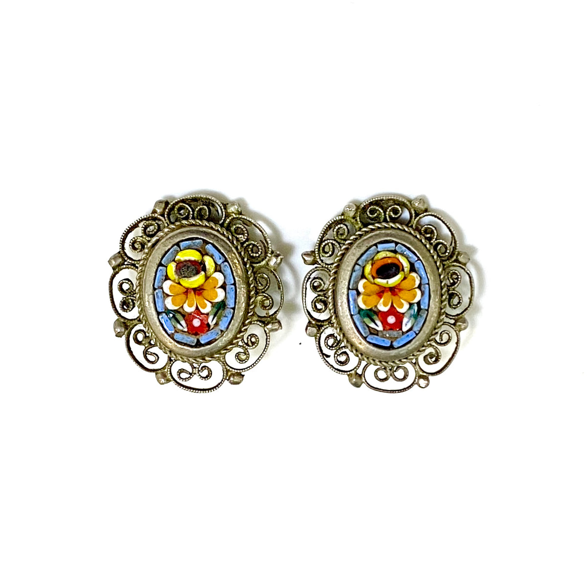 Ornate Floral Micro Mosaic Clip On Earrings