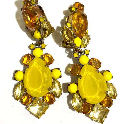 Glamorous Faceted Yellow Crystal Clip On Drop Earrings