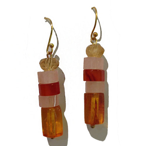 Sterling Silver Amber, Rose Quartz and Carnelian Drop Earrings