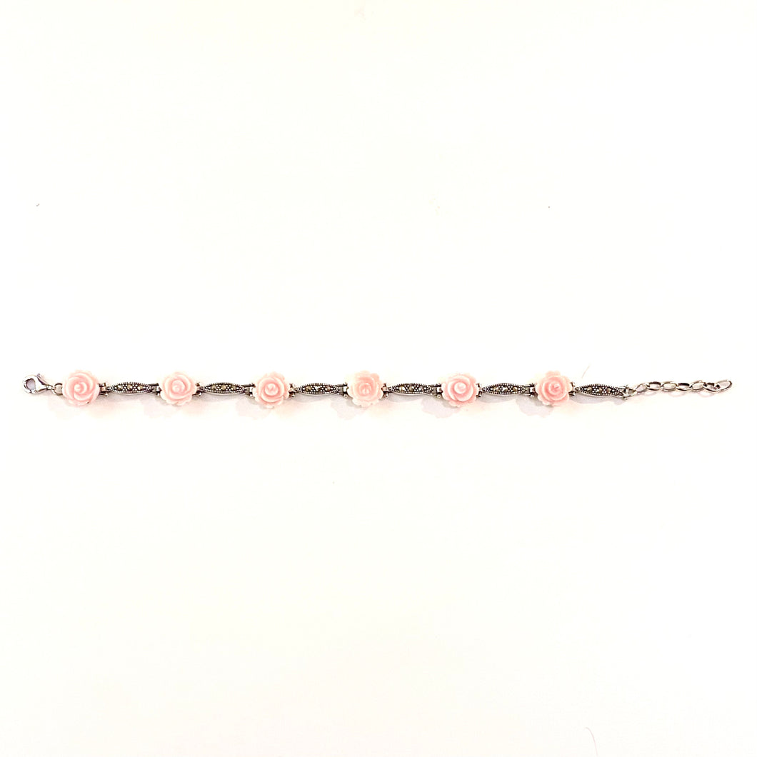 Sterling Silver Marcasite and Carved Coral Rose Bracelet