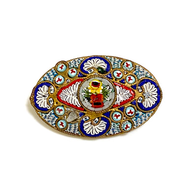 Oval Shaped Blue and Red Micro Mosaic Brooch