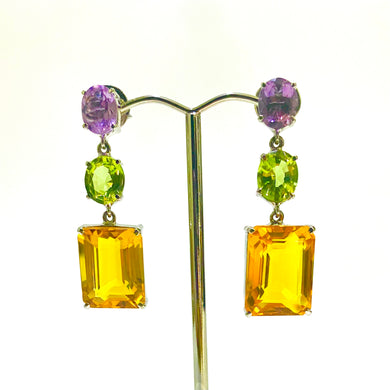 Synthetic Pink Amethyst, Peridot and Citrine Drop Earrings