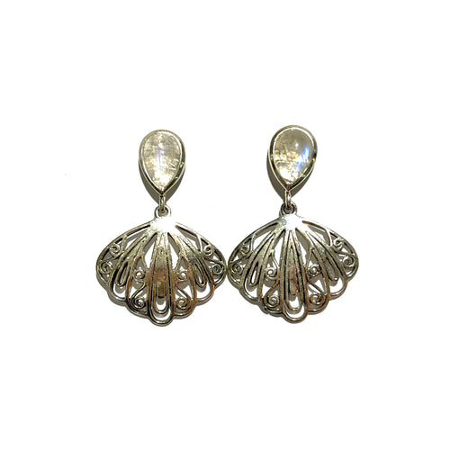 Sterling Silver Moonstone Fan Stud Drop Earrings