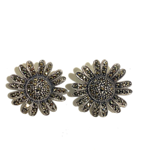 Sterling Silver Marcasite Clip On Daisy Flower Earrings