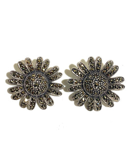 Sterling Silver Marcasite Clip On Daisy Flower Earrings