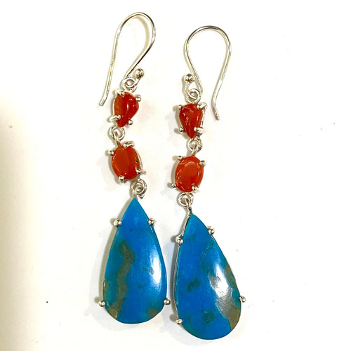 Sterling Silver Pear Shaped Turquoise and Coral Dangles