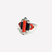 9ct White Gold Black Onyx, Coral and Diamond Ring