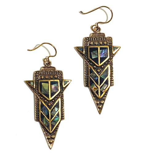 Art Deco Inlaid Paua Shell Brass Hook Drop Earrings