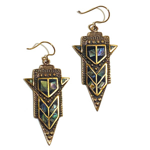 Art Deco Inlaid Paua Shell Brass Hook Drop Earrings