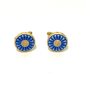 Vintage Sterling Silver Gold Plate Blue Enamel Flower Cufflinks