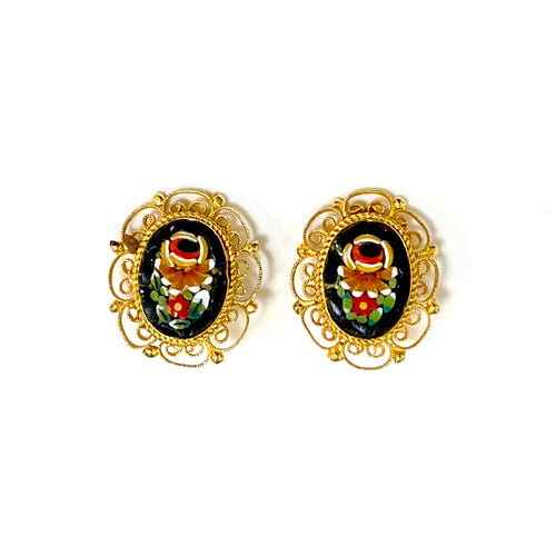 Ornate Gold Plated Floral Micro Mosaic Clip On Earrings