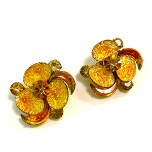 Yellow Lava Glass Vintage Clip On Earrings