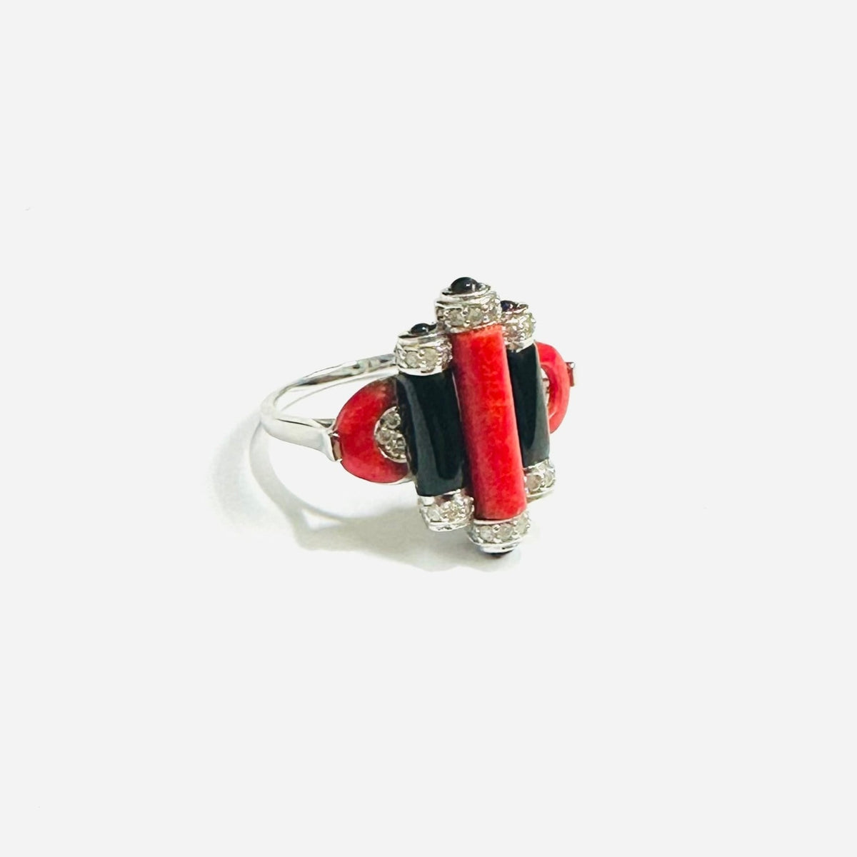 9ct White Gold Black Onyx, Coral and Diamond Ring