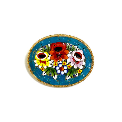 Vintage Italian Teal Floral Micro Mosaic Brooch
