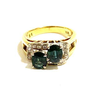 18ct Yellow Gold Twinset Teal Green Sapphire with Diamonds