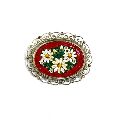 Sterling Silver Italian Micro Mosaic Floral Brooch