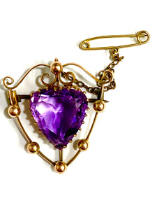 9ct Gold Brooch with a faceted Heart Shaped Amethyst