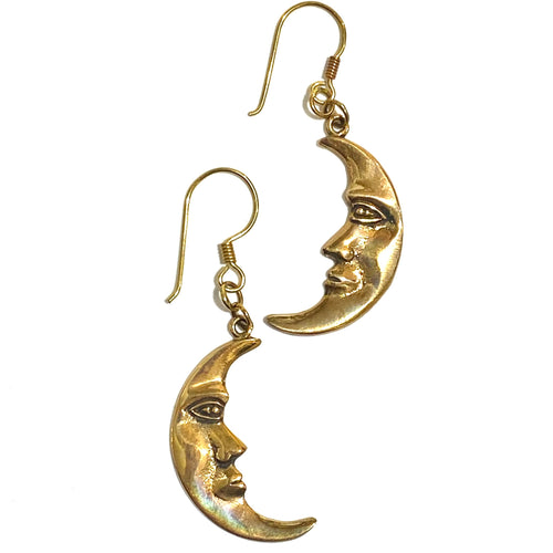 Man in the Moon Brass Hook Drop Earrings