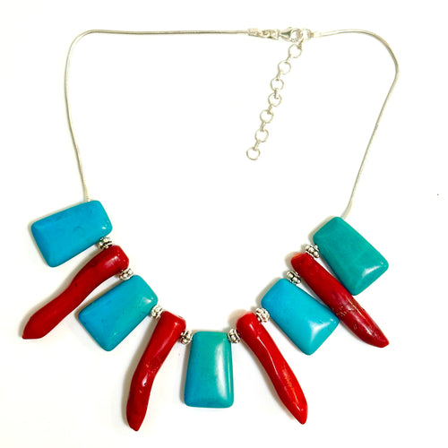 Sterling Silver Turquoise, Red Coral and Silver Bead Necklace
