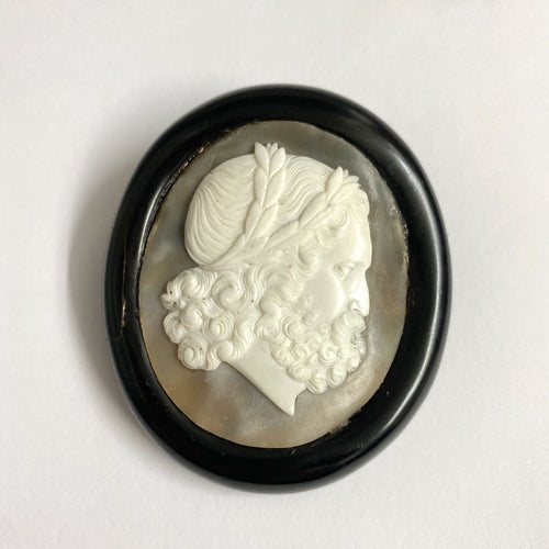 Antique Whitby Jet and Mother of Pearl Conch Shell Cameo Brooch