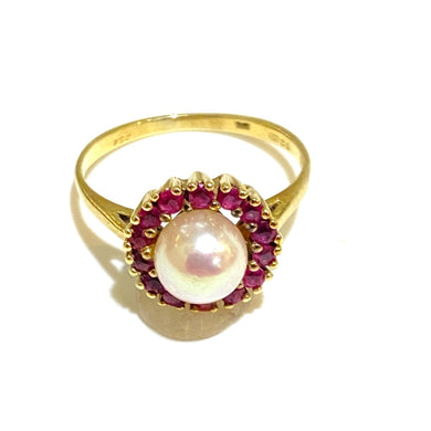 9ct Yellow Gold Cultured Pearl and Ruby Ring