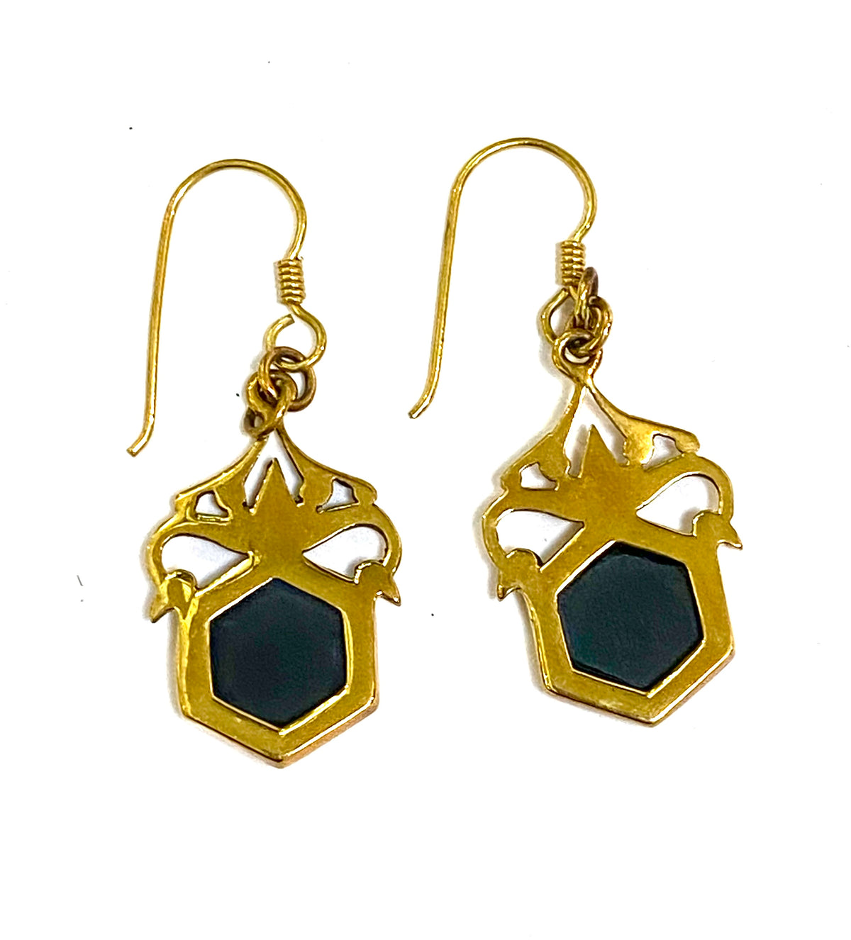 Black Onyx Brass Hexagon Dangle Earrings