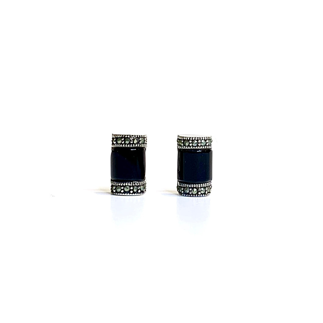 Sterling Silver Black Onyx and Marcasite Stud Earrings