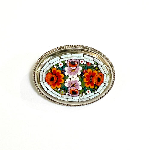 Sterling Silver White Floral Micro Mosaic Brooch