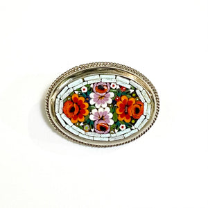 Sterling Silver White Floral Micro Mosaic Brooch