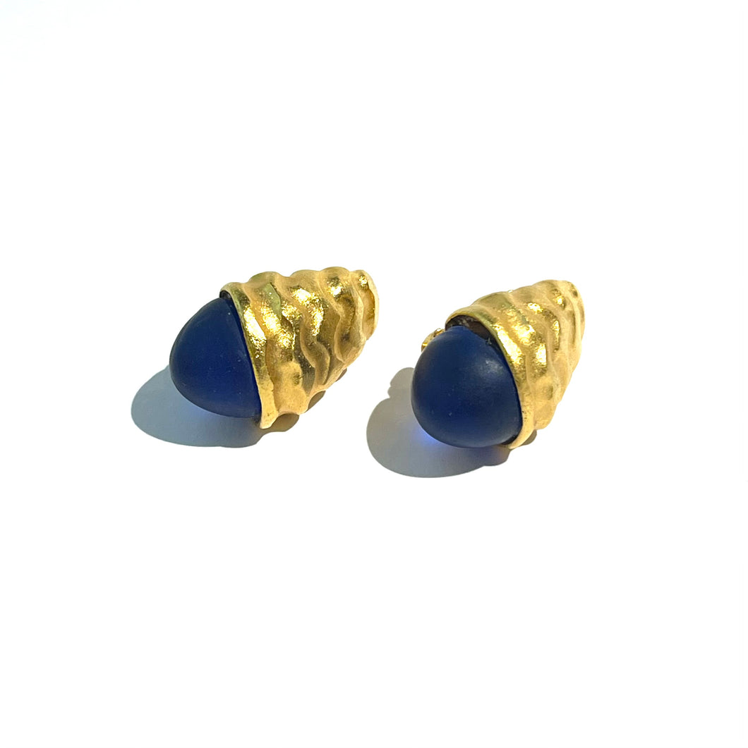 Designer Vintage Blue Glass Gold Plated Clip-on Earrings