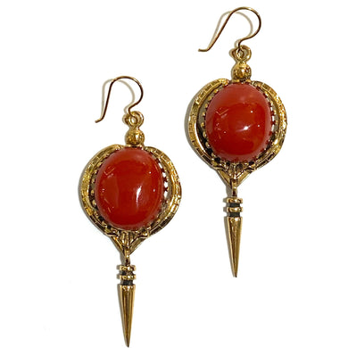 Art Deco Style Red Glass and Brass Hook Drop Earrings