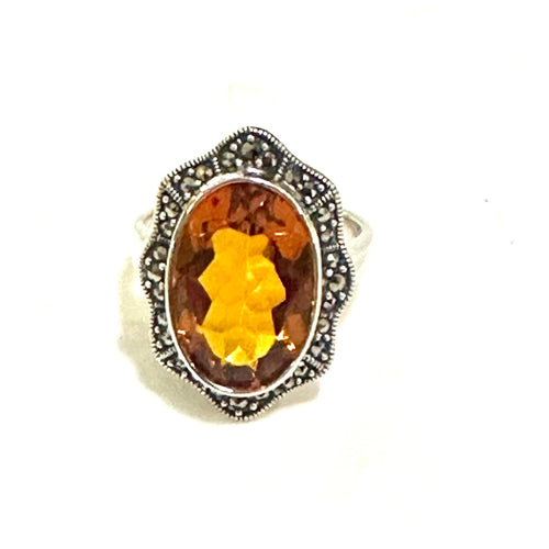 Natural Citrine, Sterling Silver and Marcasite Ring