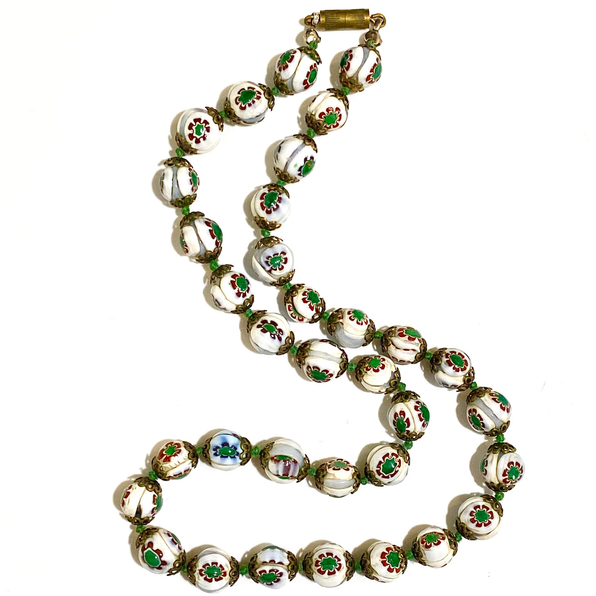 White and Green Enamel Cloisonné Beaded Necklace