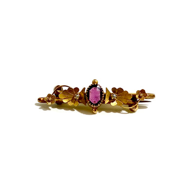 Yellow Gold Garnet and Seed Pearl Brooch