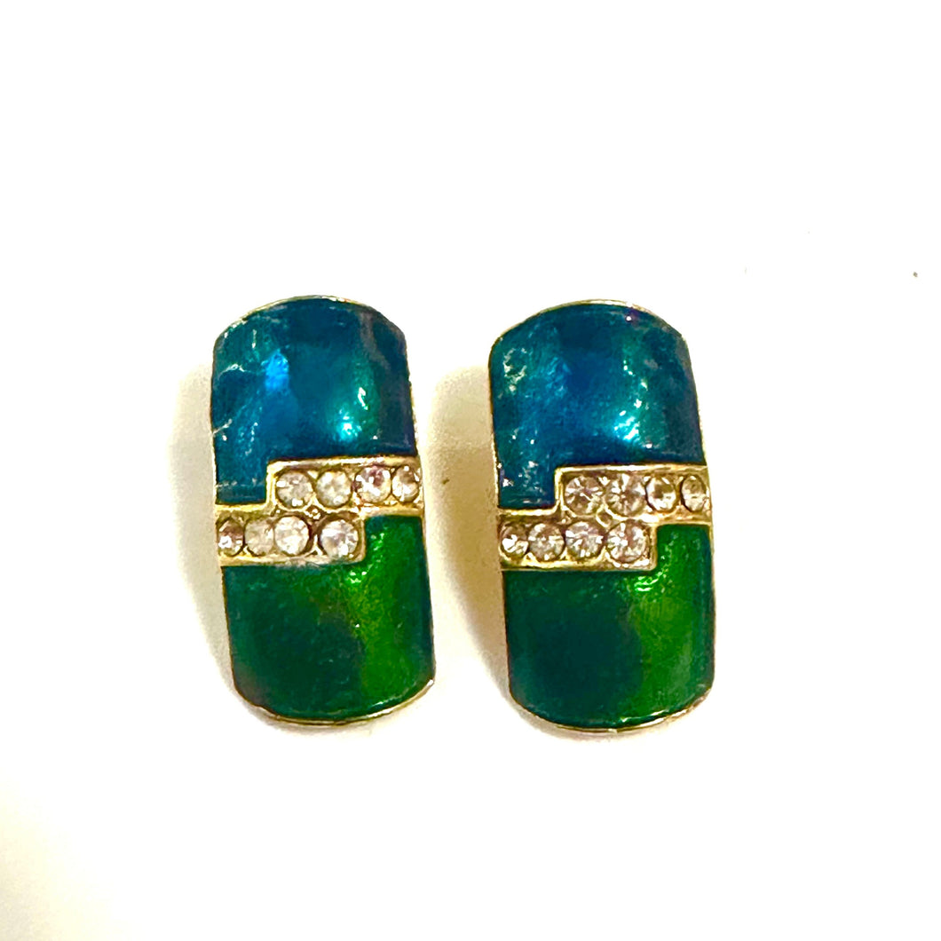 Gold Plated Blue and Green Enamel Clip On Earrings