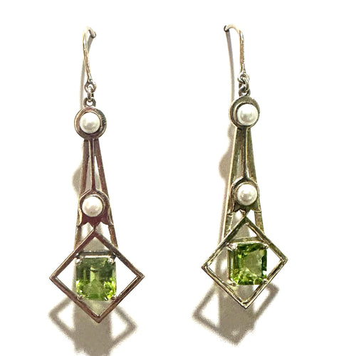 9ct Yellow Gold Peridot and Seed Pearl Drop Earrings