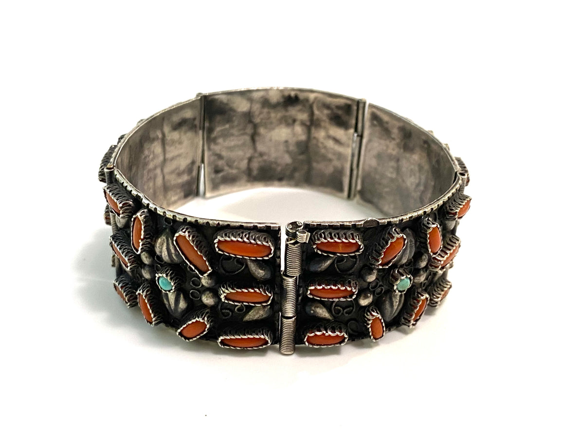 Zuni Sterling Silver Coral Hinged Bracelet