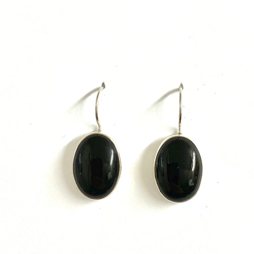 Sterling Silver Cabachon Black Onyx  Drop Earrings